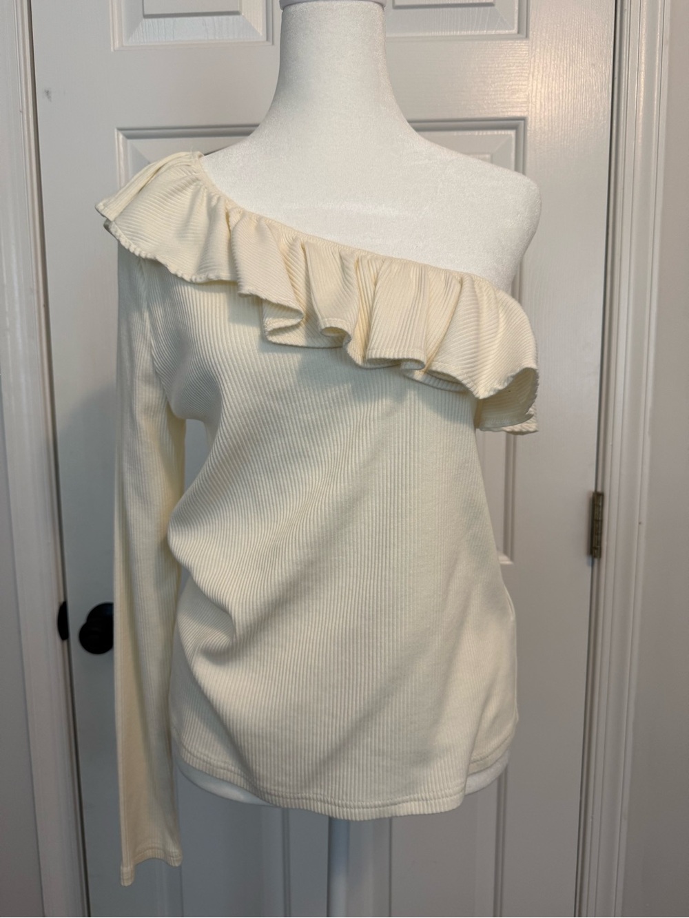 J. Crew Cream One-Shoulder Ruffle Ribbed Top